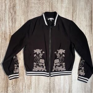 WD.NY Black Varsity/Bomber Jacket with White Floral Embroidery